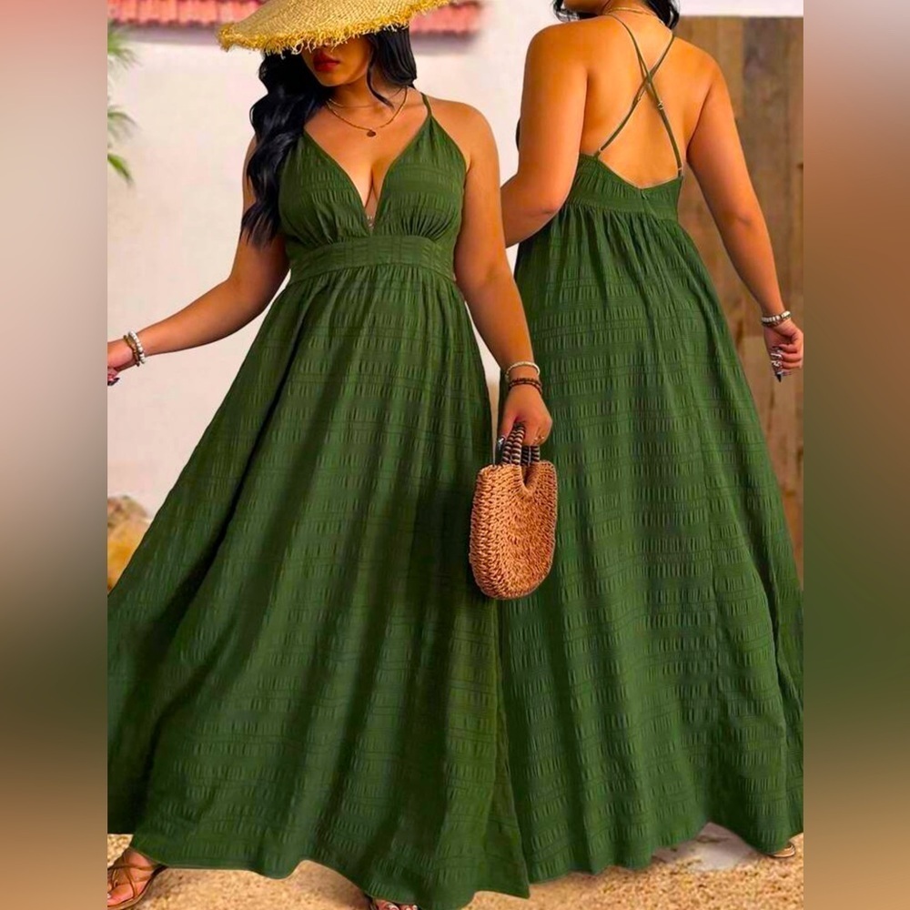 Women’s Summer Spaghetti Strap Green Maxi Dress with High Waist. Size 0X